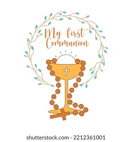 my first communion card with pyx and holy rosary . vector illustration
