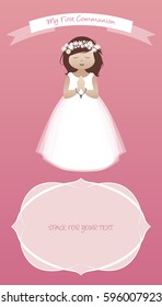 My first communion celebration reminder. Cute girl wearing white dress. Vector Illustration.