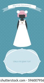 My first communion celebration reminder. Cute girl wearing white dress. Vector Illustration.