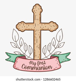my first communion with cross and branches leaves