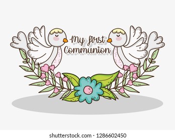 my first communion with doves and flowers with leaves