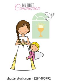 My first communion. Girl and angel in the church