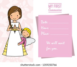 my first communion. Girl with angel and space for text