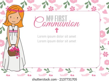 My first communion girl. Girl with basket of flowers. Frame with space for text