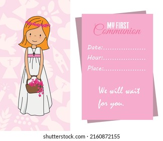 My first communion girl. Girl with basket of flowers. Frame with space for text