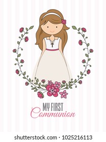 my first communion girl. beautiful girl with communion dress and flower frame svg