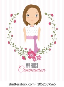 my first communion girl. beautiful girl with communion dress and flower frame