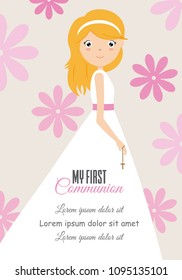 my first communion girl. Girl with beautiful dress and floral background