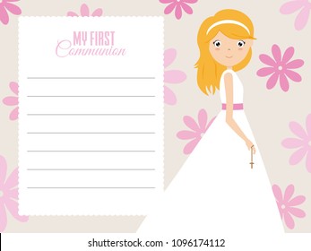 my first communion girl. Girl with beautiful dress and floral background. space for text