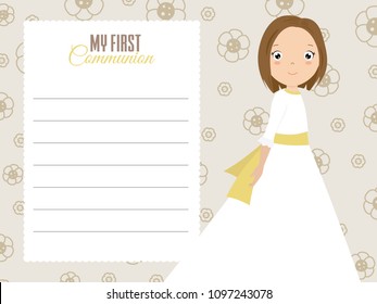 my first communion girl. Girl with beautiful dress and floral background. space for text