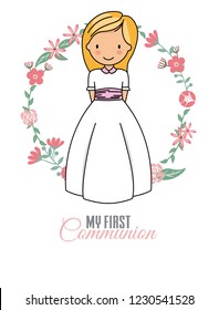 my first communion girl. beautiful girl with communion dress and flower frame