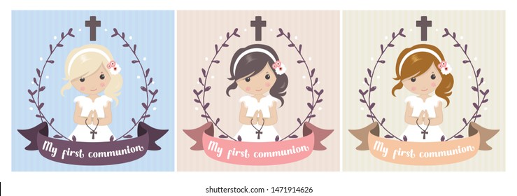 My first communion girl. beautiful girl with communion dress and frame	
