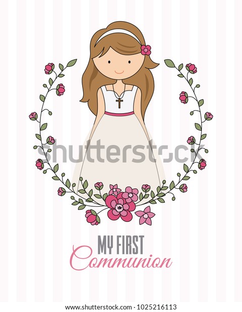 my first communion girl. beautiful girl with\
communion dress and flower\
frame