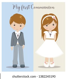 My First Communion girl and boy. Holy Communion characters.