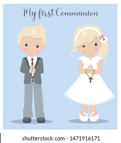 My First Communion girl and boy. Holy Communion vector