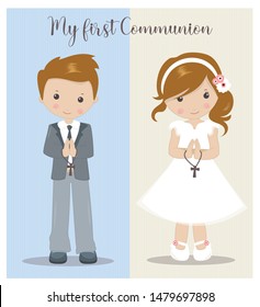 My First Communion girl and boy. Holy Communion vector