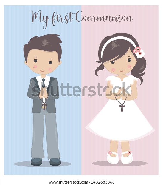 My\
First Communion girl and boy. Holy Communion\
vector