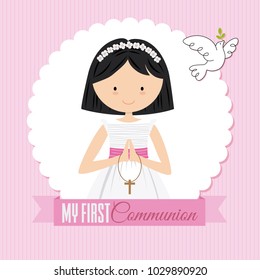 my first communion girl. Card girl praying and a pigeon flying
