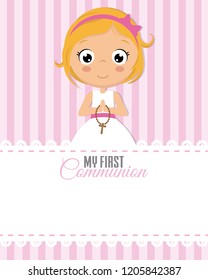 my first communion girl. Child praying. Space for text