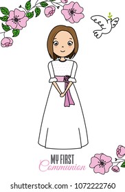 my first communion girl. floral card with dove