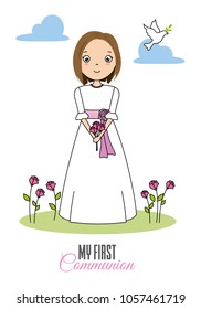 my first communion girl. Girl with flowers in her hand