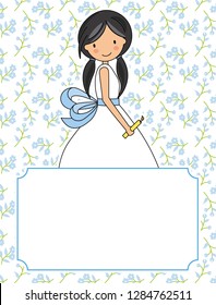 my first communion girl. Flowers background and space for text