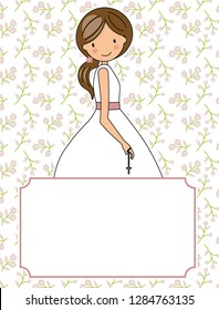 my first communion girl. Flowers background and space for text