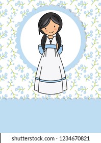 my first communion girl. Little girl in a communion dress and flower background