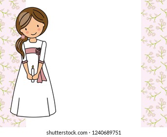 my first communion girl. Little girl in a communion dress, a candle and flower background.