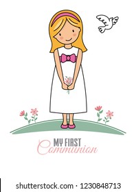 my first communion girl. Pretty little girl with communion dress and flowers