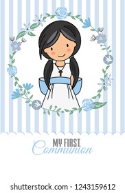 my first communion girl. Pretty girl inside a flower frame