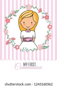 my first communion girl. Pretty girl inside a flower frame