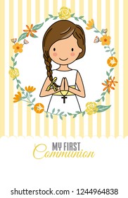 my first communion girl. Pretty girl inside a flower frame