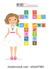 My first communion. Girl with religious icons