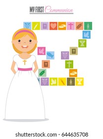 My first communion. Girl with religious icons