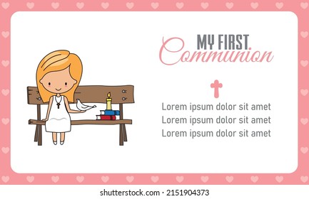 My first communion girl. Girl sitting on a bench with a white dove. Space for text