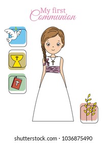 my first communion girl.pretty girl with communion dress and religious icons