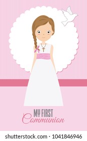 my first communion girl.pretty girl with communion dress and white dove