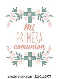 My first communion greeting card. Lettering. Translation from Spanish - My first communion. Element for flyers, banner and posters. Modern calligraphy. svg