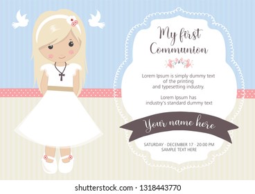 My first communion invitation. Beautiful girl with communion dress and cute frame