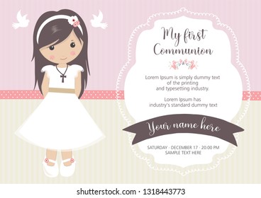 My first communion invitation. Beautiful girl with communion dress and cute frame