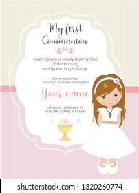 My first communion invitation. Beautiful girl with communion dress and cute frame