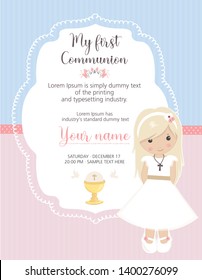 My first communion invitation. Beautiful girl with communion dress and cute frame