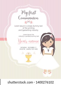 My first communion invitation. Beautiful girl with communion dress and cute frame