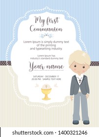 My first communion invitation. Beautiful boy with communion suit and cute frame