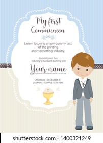 My first communion invitation. Beautiful boy with communion suit and cute frame