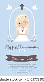 My first communion invitation. Beautiful girl with communion dress and cute frame