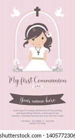 My first communion invitation. Beautiful girl with communion dress and cute frame