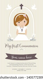 My first communion invitation. Beautiful girl with communion dress and cute frame