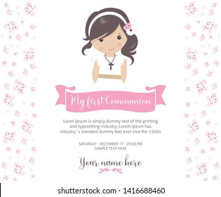 My first communion invitation. Beautiful girl with communion dress and cute flower frame